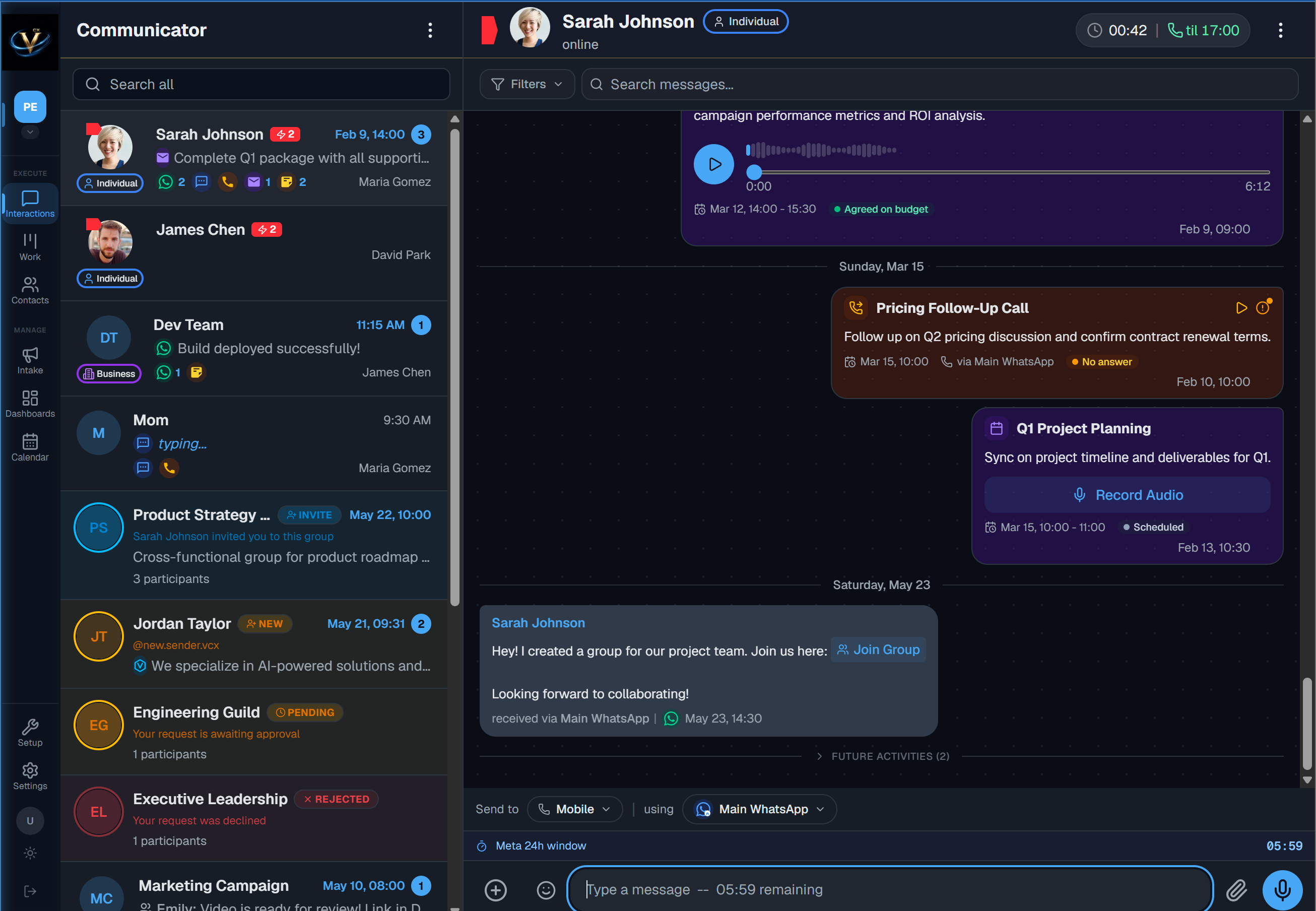Communicator de Vortex CX &mdash; cada canal, mensaje, llamada, tarea y reuni&oacute;n en una sola superficie