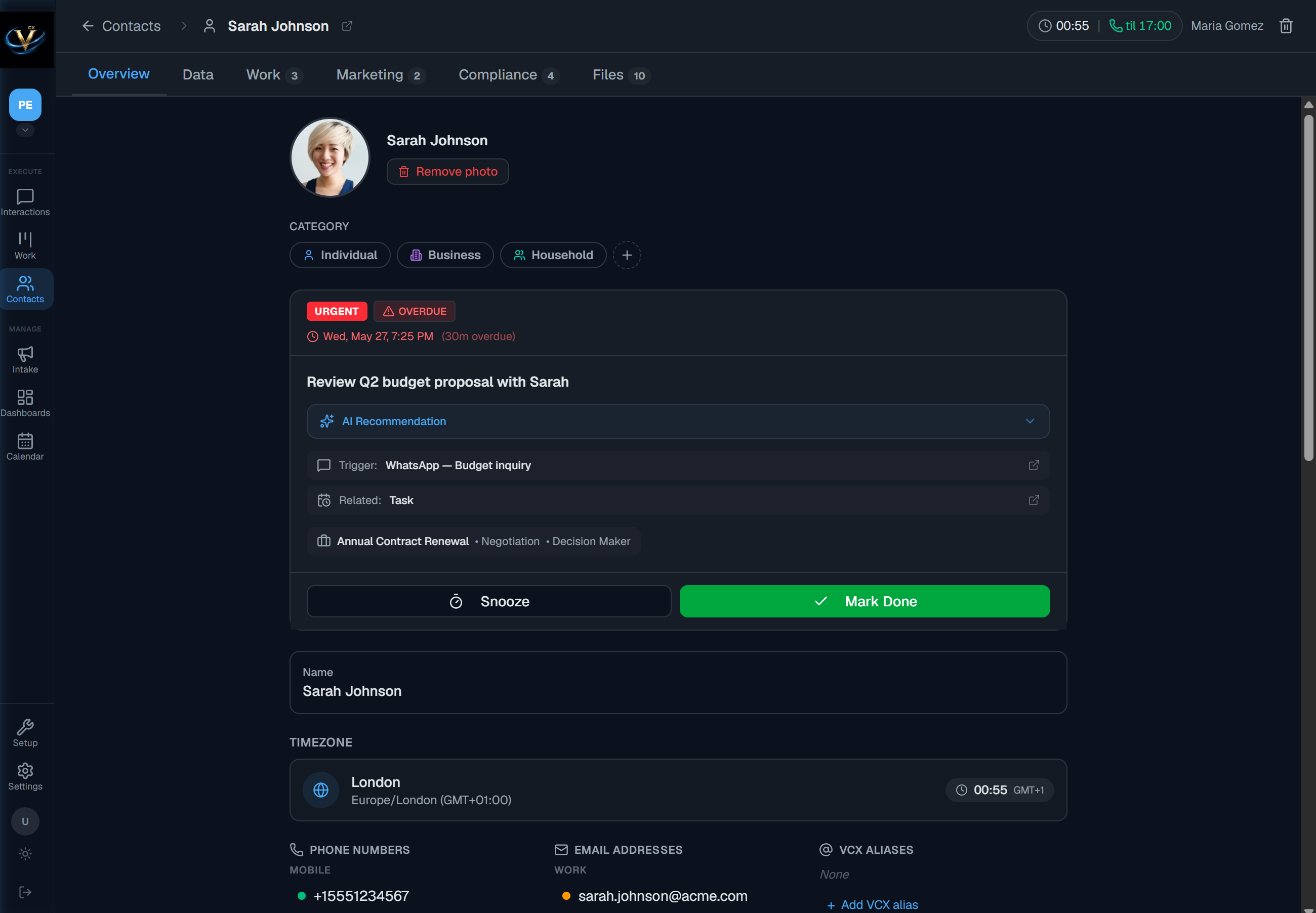 La vista de detalle de un cliente con la pr&oacute;xima acci&oacute;n m&aacute;s importante y una ventana de llamada a un toque